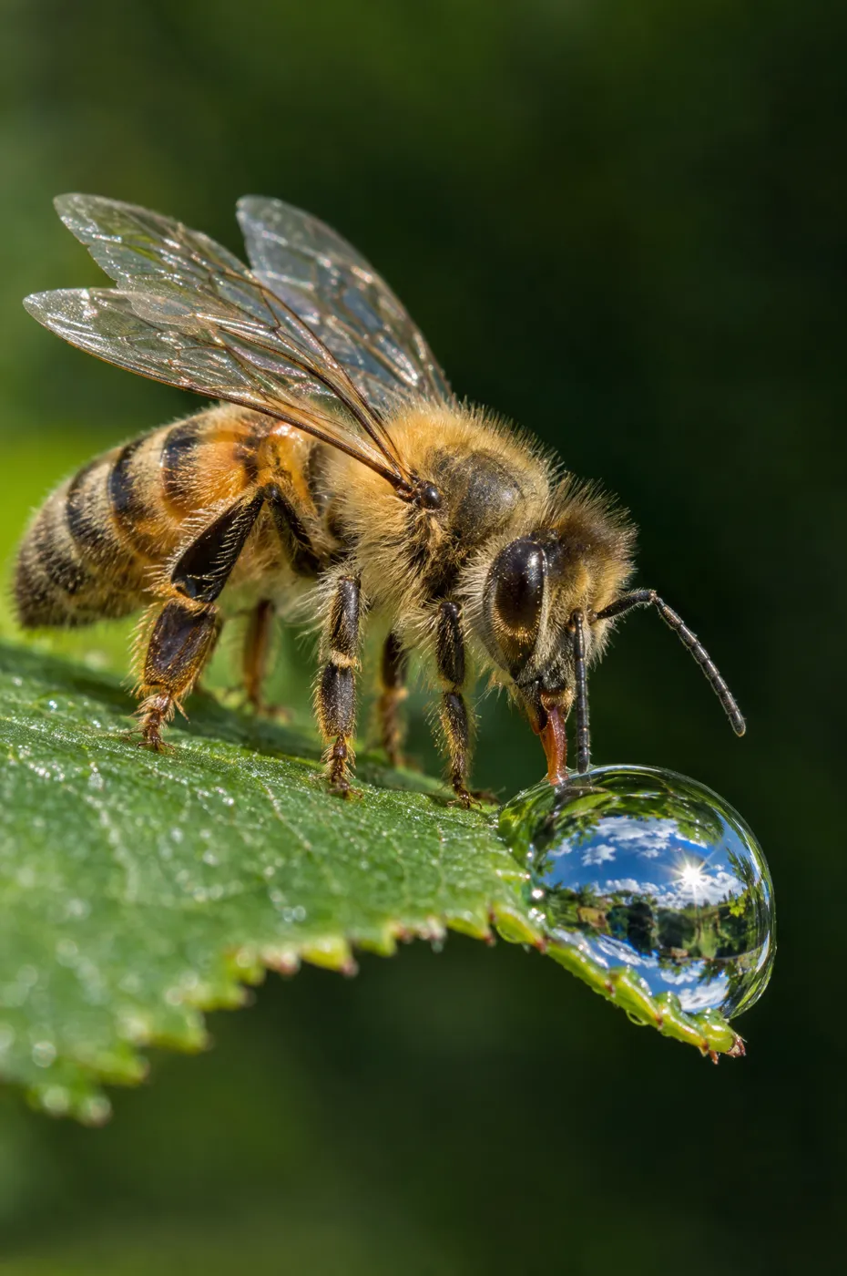 Honeybee drinking from a water droplet on a leaf