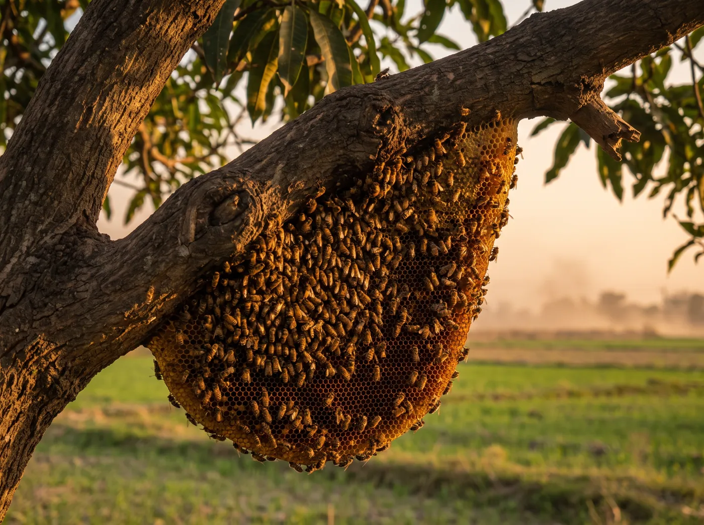 A large wild honeybee colony hanging from a tree branch on a farm